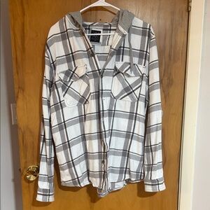 Plaid Zip-Up Hooded Shacket in Cream and Gray